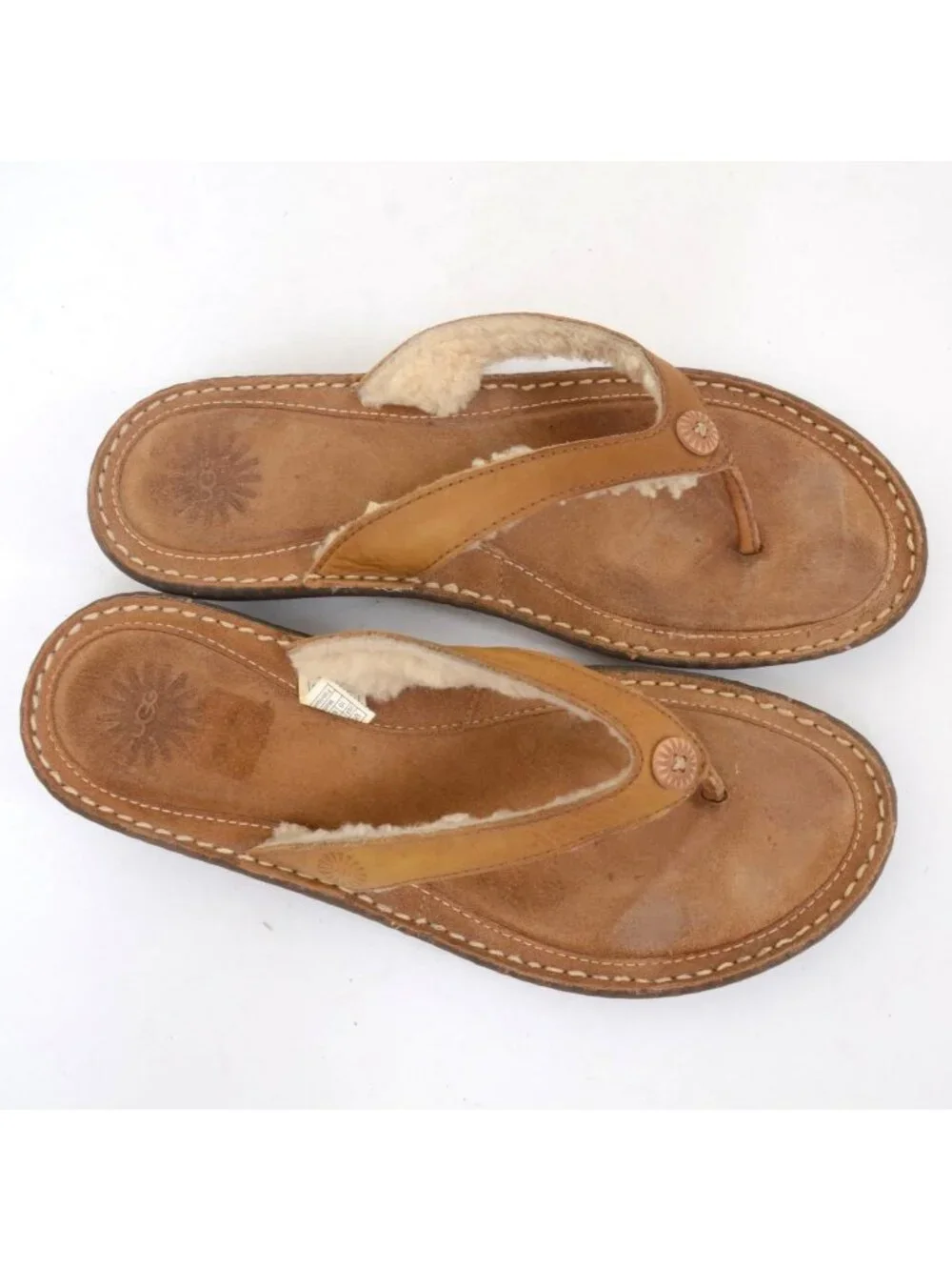 UGG Womens 10 Shearling Fur Leather Flip Flop Thong Slip-On Sandal Wedge